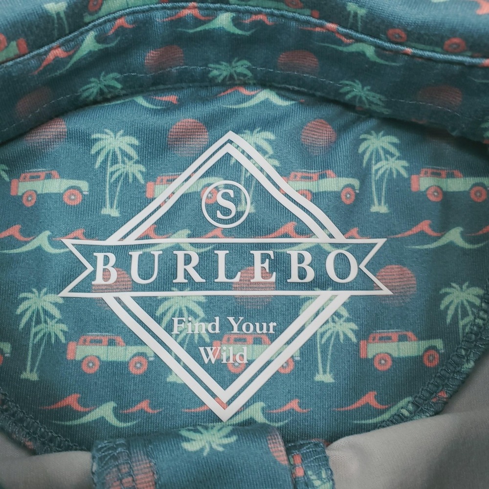 Burlebo Polo Shirt Mens Small Blue Beach Jeep Palm Tree Golf Print Stretch - Picture 4 of 10
